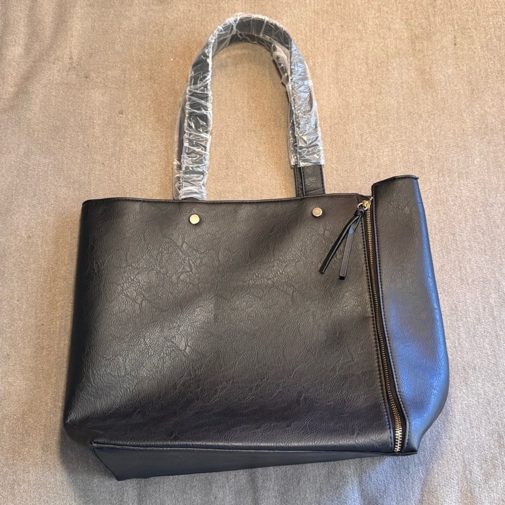 Neiman Marcus Black Structured Tote with Side Zip Details